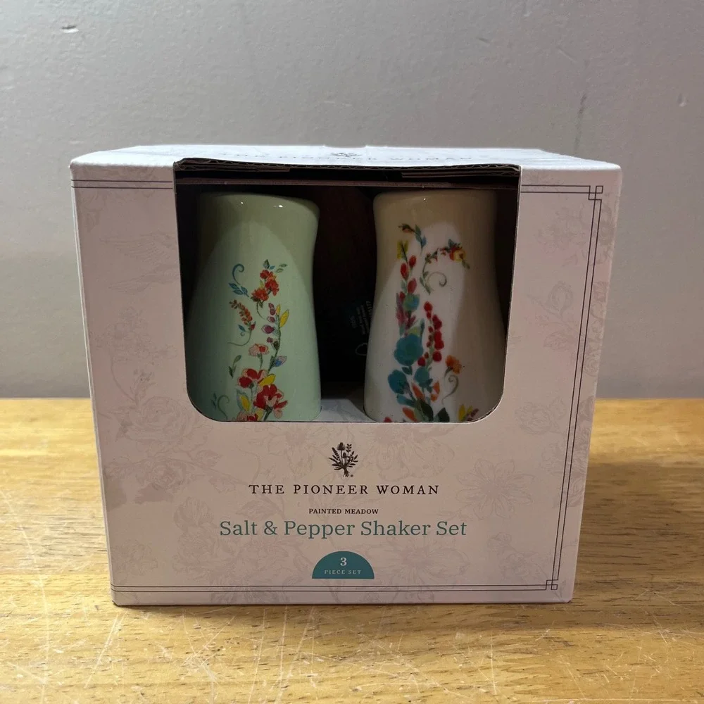 The Pioneer Woman Painted Meadow Salt & Pepper Shaker Set 3pc Stoneware Acacia